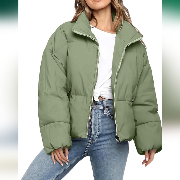 Taupe Winter Cropped Puffer Oversize Jacket - Picture 3 of 5